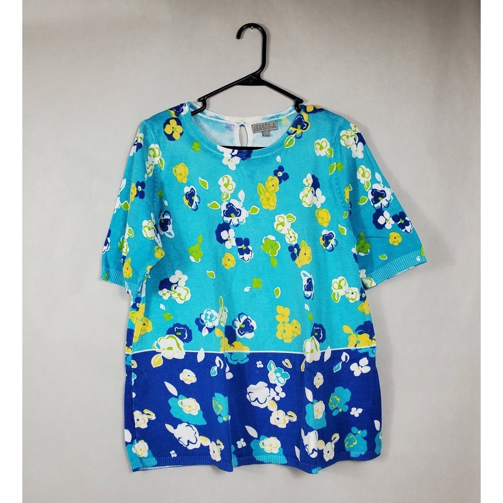 Joseph A Womens‎ Floral Knit Top Short Sleeve Turquoise Blue Crew Neck Large